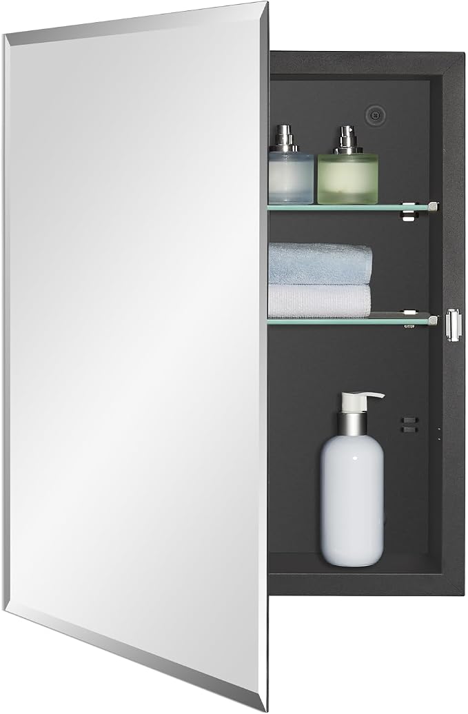 IDYLLOR Black Bathroom Medicine Cabinet with Beveled Edge Mirrored Door 16 x 20 inch, Recessed or Surface Mount, with Adjustable Glass Shelves