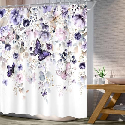 Purple Floral Butterfly Summer Spring Plant Bathroom Shower Curtain Set