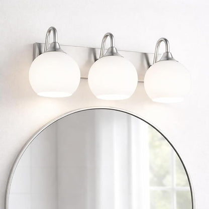 Emak 3-Light Bathroom Vanity Light, Modern Brushed Nickel Bathroom Light Fixtures Over Mirror with Milk Glass Shade, Globe Vanity Lights for Mirror, Bath, VL118-BN-ML-3