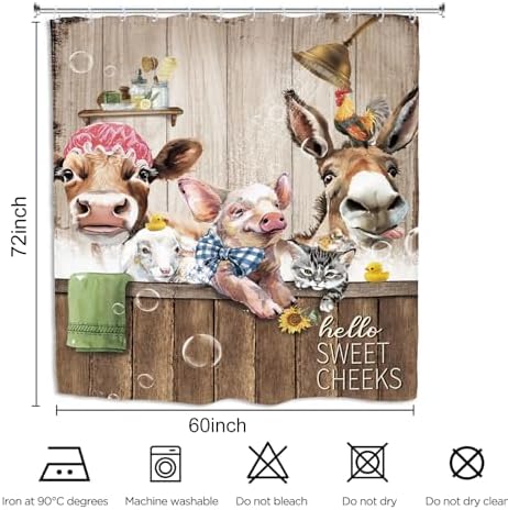 Funny Animal Shower Curtain 60Wx72L Inch Rustic Farmhouse Country Cow Donkey Pig Farm Sweet Cheeks Bathroom Set Accessories Decor with 12 Pack Hooks