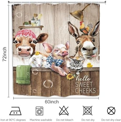 Funny Animal Shower Curtain 60Wx72L Inch Rustic Farmhouse Country Cow Donkey Pig Farm Sweet Cheeks Bathroom Set Accessories Decor with 12 Pack Hooks