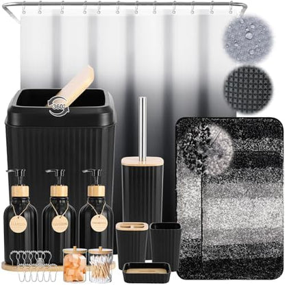 32PCS Bathroom Sets with Shower Curtain and Rugs,Bathroom Set Black Bathroom Accessories Black Shower Curtain Set with Bathroom Trash Can