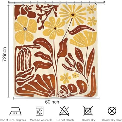 Matisse Flower Terracotta Shower Curtain 60Wx72L Inch Abstract Retro Aesthetic Minimalist Vintage Art 70s Brown Yellow Bathroom Set Accessories Decor with 12 Pack Hooks