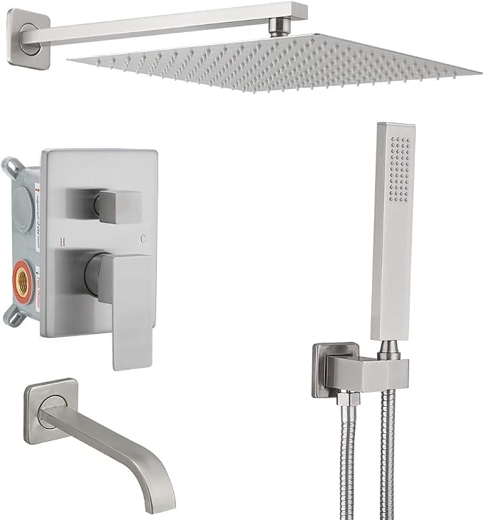 Brushed Nickel Rain Shower System Tub Shower Faucet Set 12 Inch Square Rainfall Shower Head with Handheld Sprayer and Tub Spout Rough-in Valve Shower Mixer Combo Kit