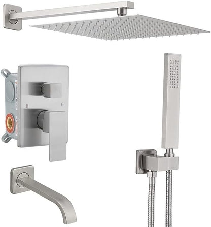 Brushed Nickel Rain Shower System Tub Shower Faucet Set 12 Inch Square Rainfall Shower Head with Handheld Sprayer and Tub Spout Rough-in Valve Shower Mixer Combo Kit