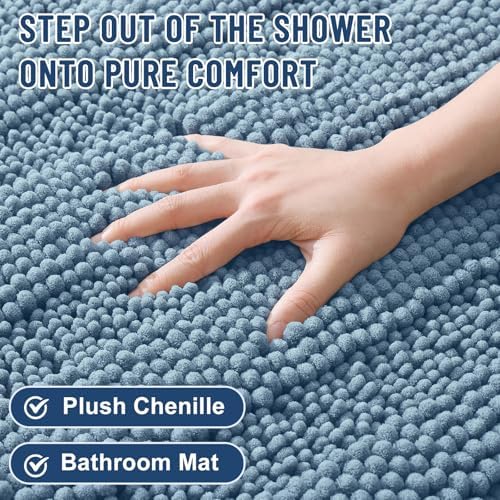 Grandaily Chenille Striped Bathroom Rugs 36x24, Extra Thick and Soft Absorbent Bath Mats, Rubber Backing, Plush Shaggy Shower Carpet, Machine Wash Dry, Bath Rug for Bathroom, Airy Blue