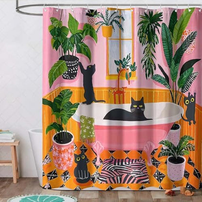 Funny Cat Shower Curtain Boho Cute Fun Black Cats Matisse Shower Curtains for Bathroom Kitten Green Tropical Plant Leaves Pink Orange Yellow Waterproof Fabric Bath Curtain Decor 72 X 84 Inches