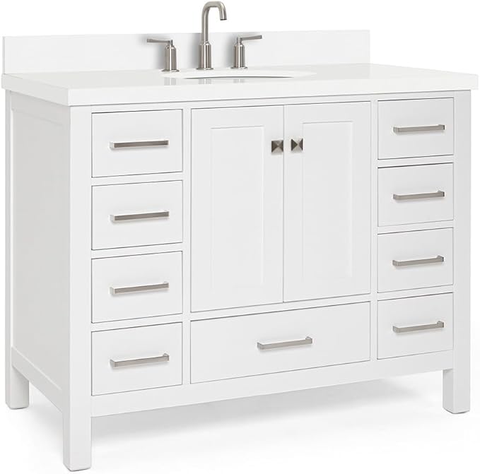 ARIEL Cambridge 42-inch Bathroom Vanity with Sink,Solid Wood, 1.5-inch Pure White Quartz Countertop & Backsplash, Single Oval Porcelain Sink, 2 Soft Closing Doors, 9 Dovetail Drawers, White