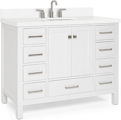 ARIEL Cambridge 42-inch Bathroom Vanity with Sink,Solid Wood, 1.5-inch Pure White Quartz Countertop & Backsplash, Single Oval Porcelain Sink, 2 Soft Closing Doors, 9 Dovetail Drawers, White