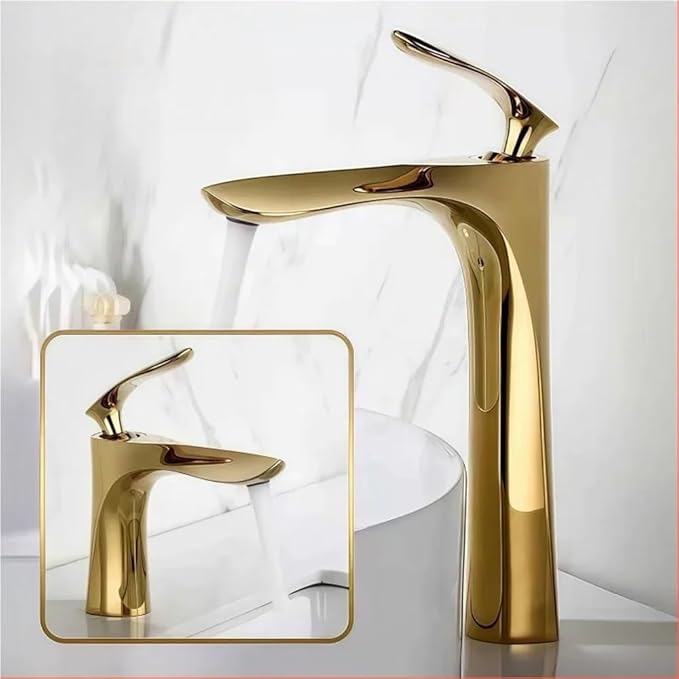 Faucet Golden Maple Leaf Faucet for Hot and Cold Household Use Raised Washbasin Countertop Basin Single Hole Faucet(Gold Short) Faucet