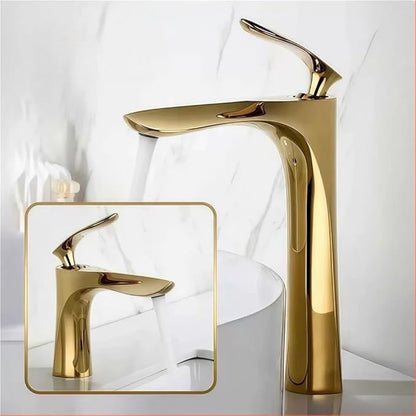 Faucet Golden Maple Leaf Faucet for Hot and Cold Household Use Raised Washbasin Countertop Basin Single Hole Faucet(Gold Short) Faucet