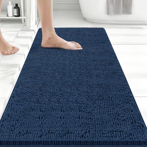 Bcoimo Bath Rug Mat,Chenille Extra Soft Navy Long Bathroom Runner Floor Rug