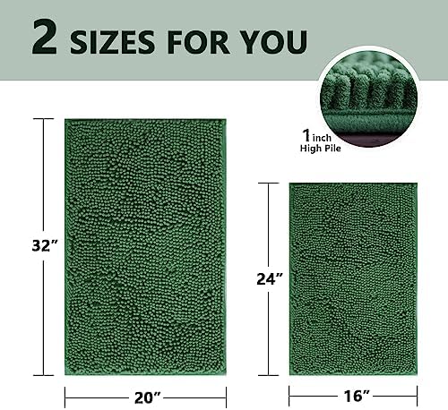 BOANKODU Bathroom Rugs Sets 2 Piece, Extra Soft Chenille Bath Mat Absorbent Bathroom Rug, Bathroom Mat with PVC Non-Slip Bottom, Machine Washable Bath Rugs (32x20 Inch + 24x16 Inch, Dark Green)