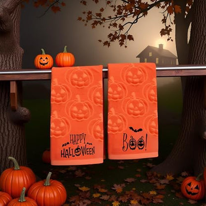 2 Pack Halloween Hand Towels 100% Cotton Jacquard Ghost Halloween Kitchen Towels White Bathroom Towels Set Seasonal Bathroom Decor (Yellow Pumpkin, Halloween)