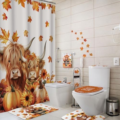 Honoson 8 Pcs Highland Cow Shower Curtain Set with Rugs and Towels