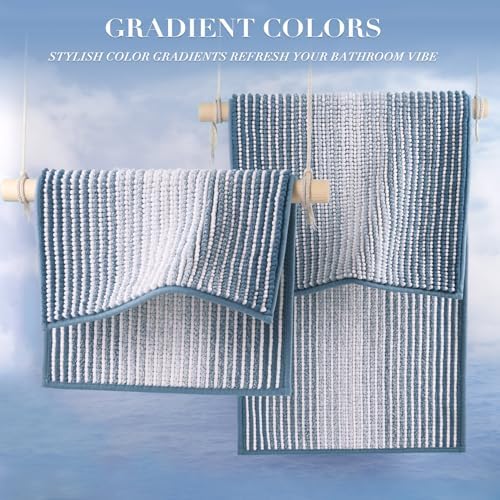 BSICPRO Bathroom Rugs Sets 2 Piece, Non Slip Striped Bath Mats, Fog Blue