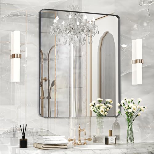 Fun Memories Wall Mirror for Bathroom, 40x32 Inch Black Bathroom Mirror, Rectangular Wall Mounted Decorativ, Rounded Corner, Aluminum Alloy Frame, Farmhouse, Hangs Horizontal or Vertical