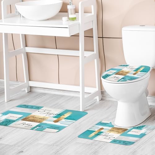 Teal Turquoise Aqua Gold Oil 4Pcs Bathroom Shower Curtain Set with Rugs