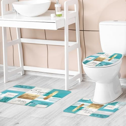 Teal Turquoise Aqua Gold Oil 4Pcs Bathroom Shower Curtain Set with Rugs