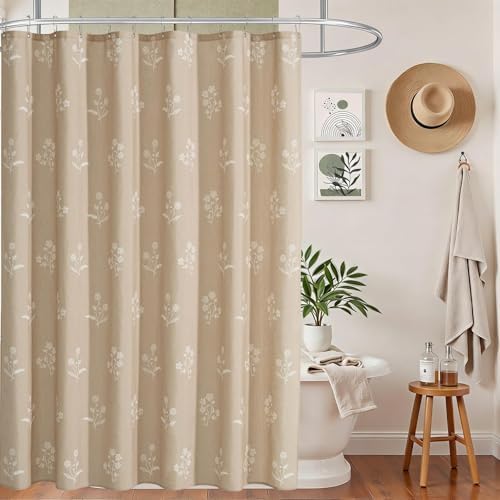 ORTIGIA Cottage Core Neutral Shower Curtain Linen Farmhouse Vintage Floral Block Print Shower Curtains Set Boho Rustic Decor for Bathroom 72 W x 72 L