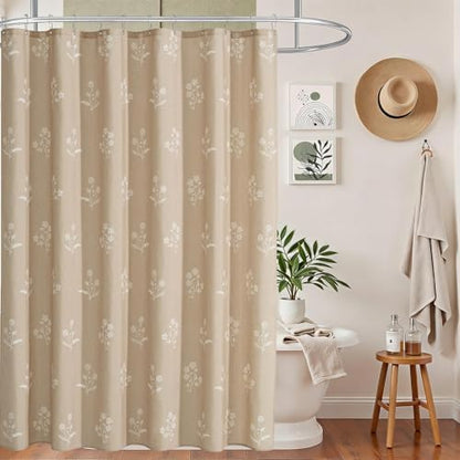 ORTIGIA Cottage Core Neutral Shower Curtain Linen Farmhouse Vintage Floral Block Print Shower Curtains Set Boho Rustic Decor for Bathroom 72 W x 72 L