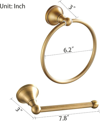 Leyden Antique Brass Toilet Paper Holder Towel Ring, Brass Hand Towel Holder Bathroom Accessories Set Retro Bathroom Hardware Tissue Toilet Roll Holder for Home or Kitchen, 2 Pieces