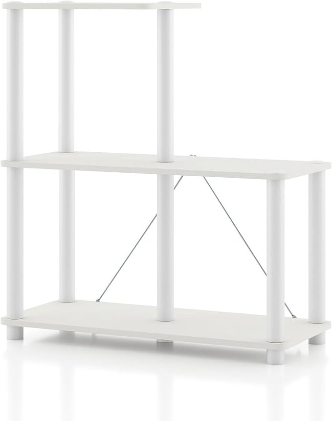 Homes: Inside + Out Apexa Modern 3-Cube Ladder Shelving Units, Collectibles Display Shelves, Easy Assembly Standing Shelf, Home Storage Organizer for Living Room, Bedroom, Office, White