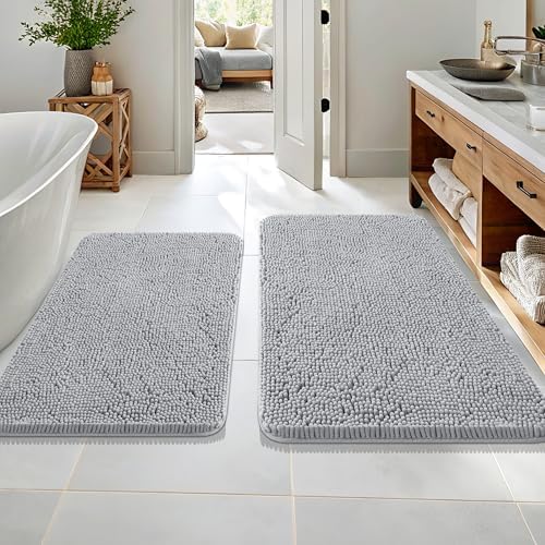 OLANLY Chenille Bathroom Rugs Mats Set 2 Piece, 36"x24"+30"x20", Light Grey