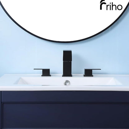 Friho Matte Black Bathroom Faucets 3 Hole, 8 Inch Widespread 2 Handle Square Waterfall Bathroom Sink Faucets with Pop-up Drain and Supply Lines, Vanity Faucet Suitable for Lavatory Restroom RV