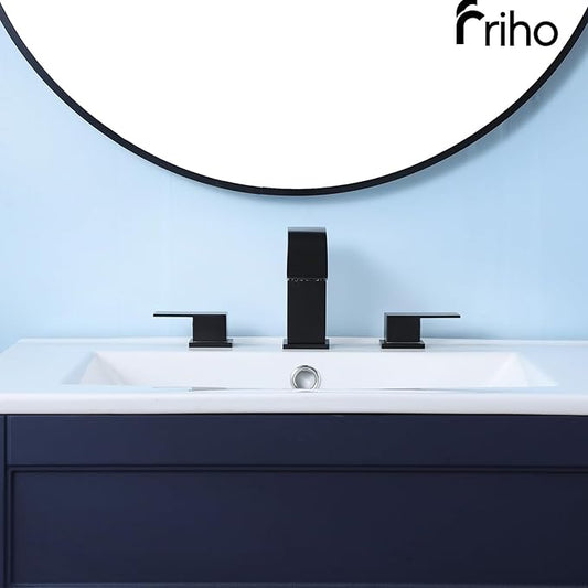Friho Matte Black Bathroom Faucets 3 Hole, 8 Inch Widespread 2 Handle Square Waterfall Bathroom Sink Faucets with Pop-up Drain and Supply Lines, Vanity Faucet Suitable for Lavatory Restroom RV