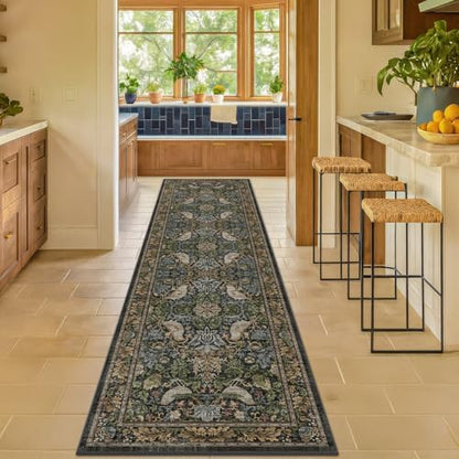 Vintage Runner Rugs for Hallways - 2'6"x10' Wide Kitchen Runners, 10 ft Long Entryway Rug, Botanical Pattern with Flowers and Leaves, Washable Non Slip Low Pile