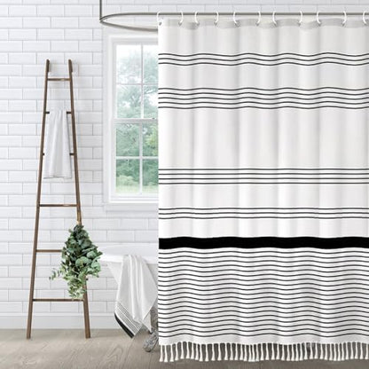 Black and White Boho Cotton Striped Shower Curtain with Tassel 72"W X 72"L