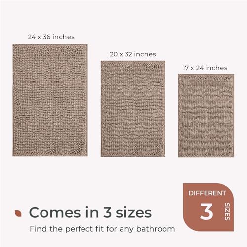 FRESHMINT Chenille Bath Rugs Extra Soft and Absorbent Microfiber Shag Rug, Non-Slip Runner Carpet for Tub Bathroom Shower Mat, Machine-Washable Durable Thick Area Rugs (Taupe + White, 24" x 17")
