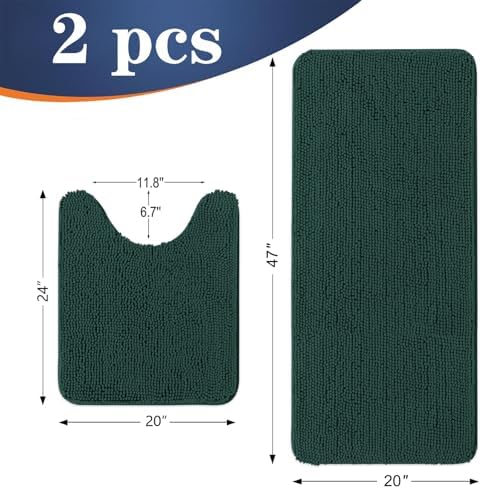 OLANLY Chenille Bathroom Rugs Sets 2 Piece, 47"x20"+24"x20", Blackish Green