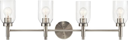 Kichler Madden 4-Light Vanity with Clear Glass in Brushed Nickel, Sloped Ceiling Compatible, for Single or Double Vanity in Bathroom (10.5" x 34"), 55186NI