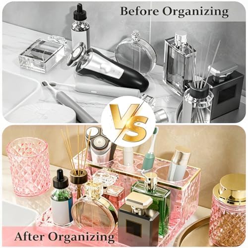 Glass Bathroom Accessories Set 5Pcs Crystal Pink - Foaming Soap Dispenser, Soap Dish, Cup, Acrylic Toothbrush Holder with Tray Organizer, Cotton Swab Jar, Bathroom Counter Set Sink Decor