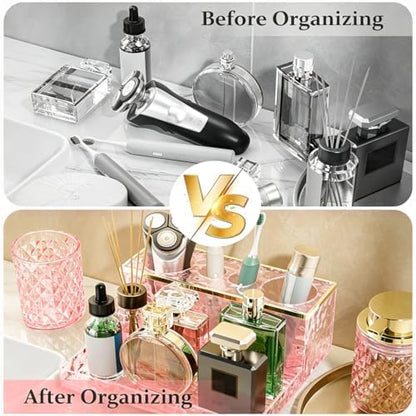 Glass Bathroom Accessories Set 5Pcs Crystal Pink - Foaming Soap Dispenser, Soap Dish, Cup, Acrylic Toothbrush Holder with Tray Organizer, Cotton Swab Jar, Bathroom Counter Set Sink Decor