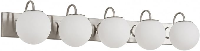 5 Lights Vintage Bathroom Vanity Light Fixtures Over Mirror, Brushed Nickel Vanity Lights For Bathroom With Milk White Glass Globe Shade, Wall Lights For Bedroom, Hallway, Dressing Table(G9 Incl.)