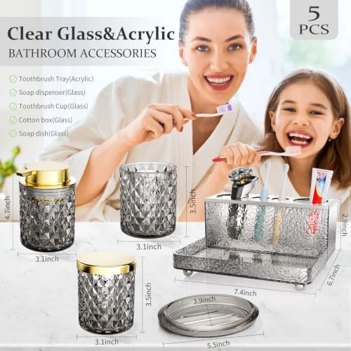 Glass Bathroom Accessories Set 5Pcs Crystal Black, Foaming Soap Dispenser, Soap Dish, Cup, Acrylic Toothbrush Holder with Tray Organizer, Cotton Swab Jar, Bathroom Counter Set Sink Decor