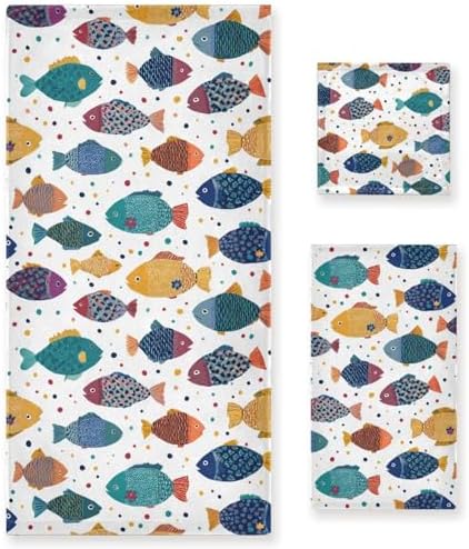 Naanle Stylish Decorative Fishes Pattern Soft Luxury Decorative Set of 3 Towels, 1 Bath Towel+1 Hand Towel+1 Washcloth, Multipurpose for Bathroom, Hotel, Gym, Spa and Beach