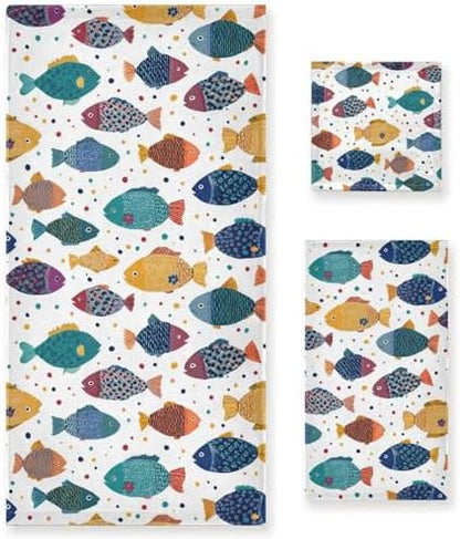 Naanle Stylish Decorative Fishes Pattern Soft Luxury Decorative Set of 3 Towels, 1 Bath Towel+1 Hand Towel+1 Washcloth, Multipurpose for Bathroom, Hotel, Gym, Spa and Beach