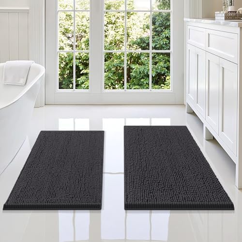 Smiry Chenille Bathroom Rugs Sets 2 Piece (34x21+30x20, Charcoal Grey)