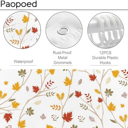 Fall Leaves Shower Curtain, Brown Eucalyptus Maple Leaf Plants Seasonal Autumn Bathroom Decor, Waterproof Cloth Fabric Bathroom Curtain with Hooks 72 x 72 inch