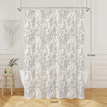 Grey Boho Linen Fabric Shower Curtain , Farmhouse Floral For Bathroom