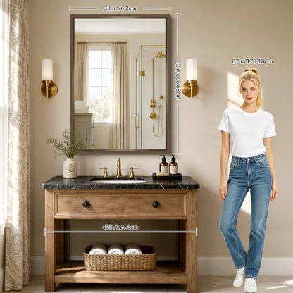 Bathroom Mirror, 30 x 42 inch Walnut Wood Grain Colored Aluminum Metal Frame Bathroom Vanity Mirror, Rectangle Wall Mirror for Bedroom Living Room, Tempered Glass, Horizontal or Vertical