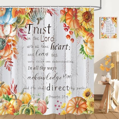Fall Pumpkins Shower Curtain, Autumn Thanksgiving Harvest Motivational Inspirational Quotes Bathroom Bathtubs Decor, Waterproof Polyester Fabric Bathroom Curtain with Hooks 72x72 in