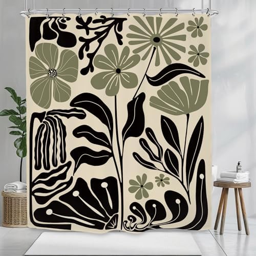 Abstract Black Sage Green Matisse Flower Shower Curtain 60Wx72L Inch Retro Vintage Aesthetic Minimalist Groovy Art 70s Trendy Modern Bathroom Set Accessories Decor with 12 Pack Hooks