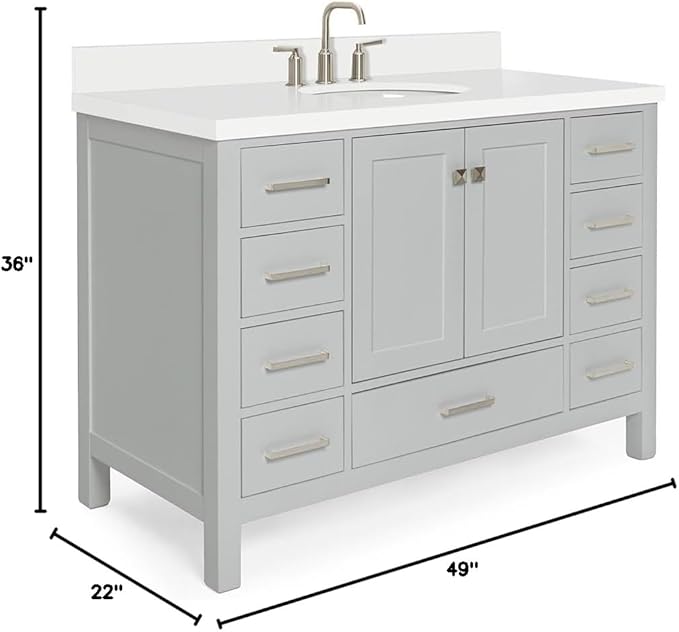 ARIEL Cambridge 48-inch Bathroom Vanity with Sink,Solid Wood, 1.5-inch Pure White Quartz Countertop & Backsplash, Single Oval Porcelain Sink, 2 Soft Closing Doors, 9 Dovetail Drawers, Grey