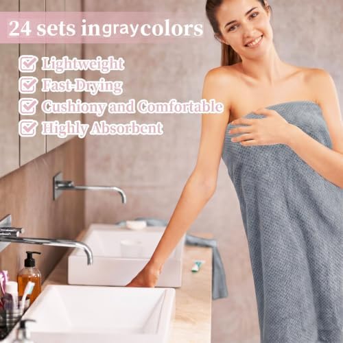 24 Pcs Towels Set 6 Bath Sheets 6 Washcloths and 12 Hand Towels, Reusable Absorbent Quick Dry Coral Velvet Towel for Shower Bath Spa Hotel Bathroom Supplies (Gray)