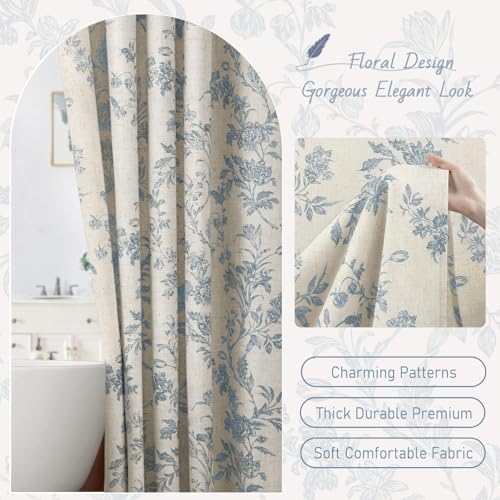 Blue Floral Shower Curtain,Vintage Linen Beige Cottagecore Shower Curtains for Bathroom, 72" W x 72" L